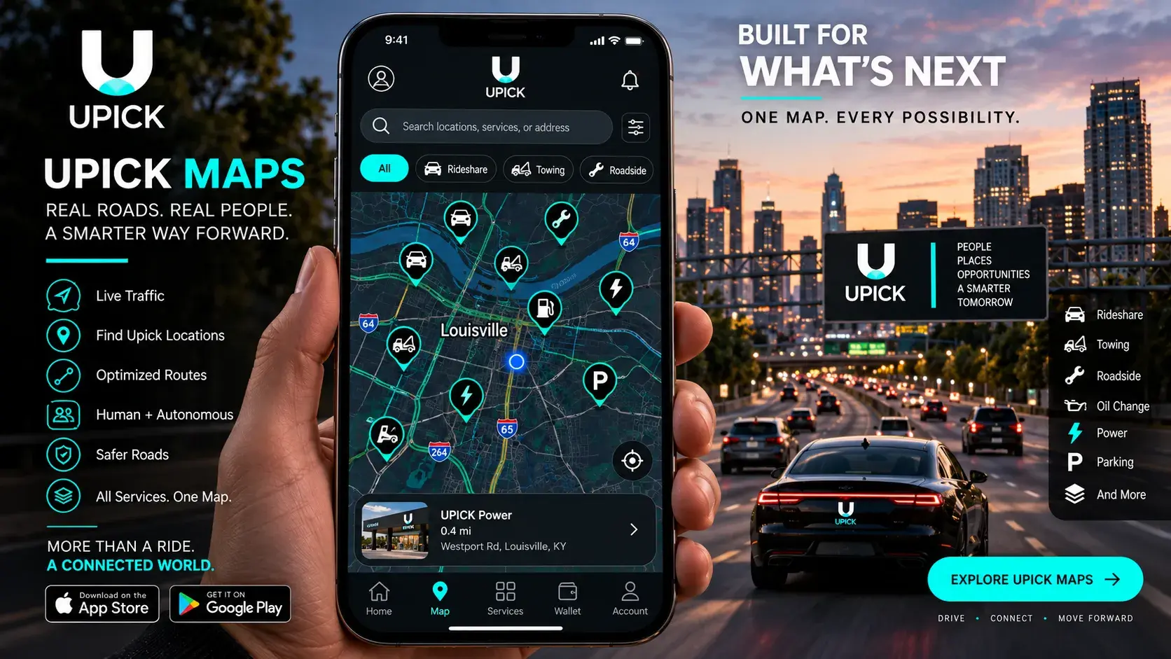 Product visualization of UPICK Maps on a phone against a city road
