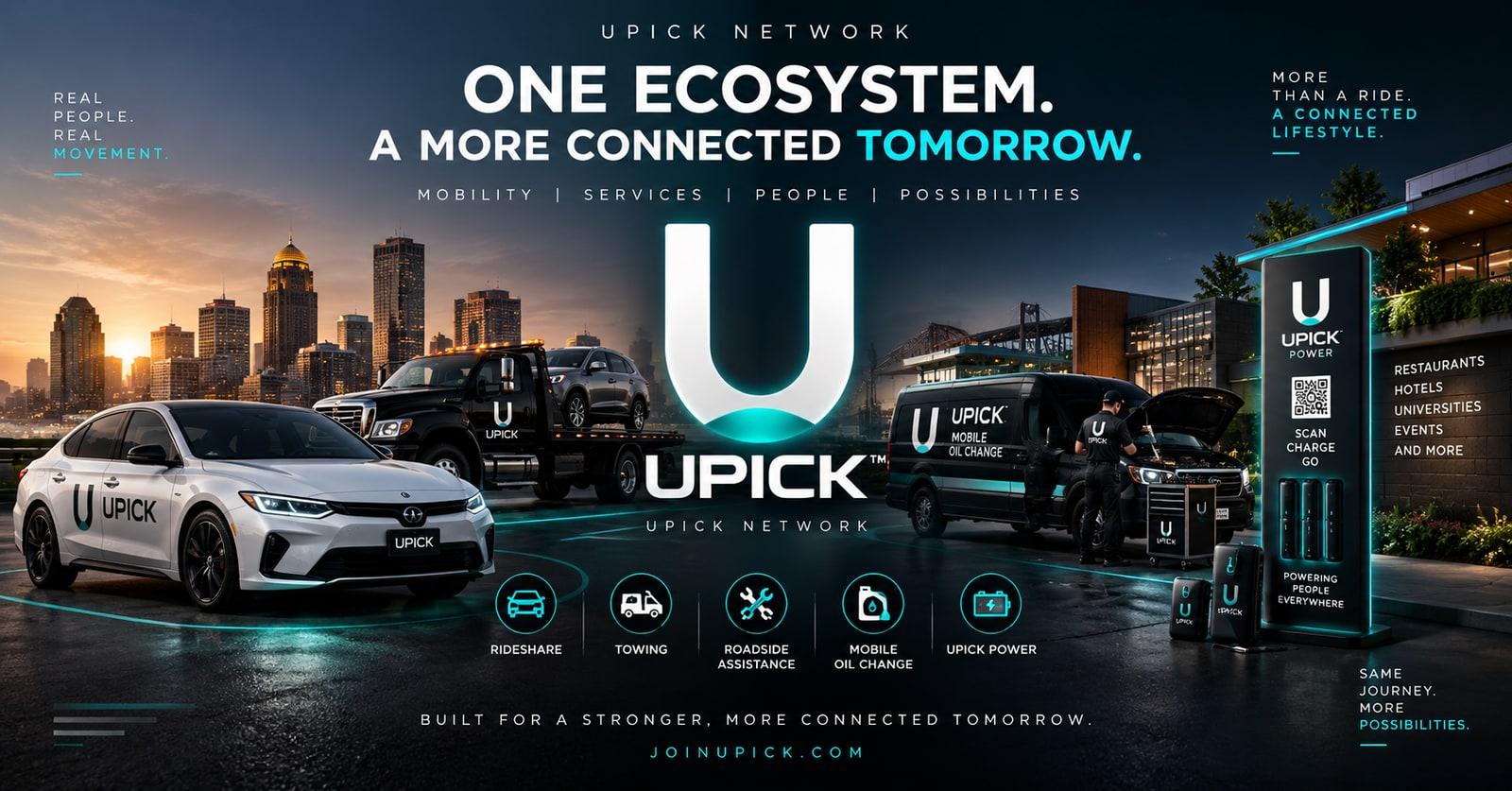 UPICK campaign artwork showing rideshare, towing, roadside, mobile oil change, and UPICK Power as one connected ecosystem
