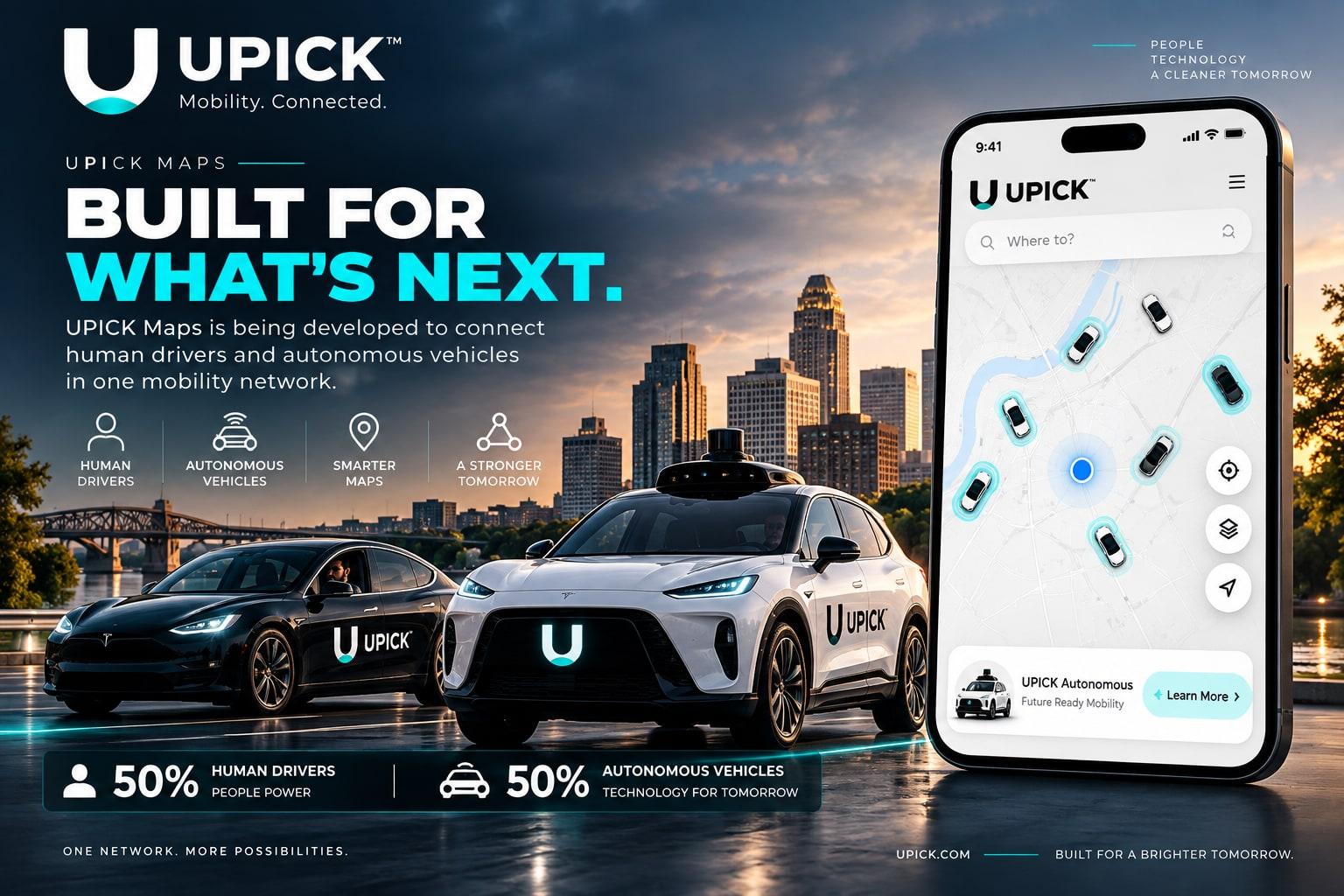 UPICK Maps campaign artwork showing human-driven and autonomous vehicles as a long-term connected mobility vision