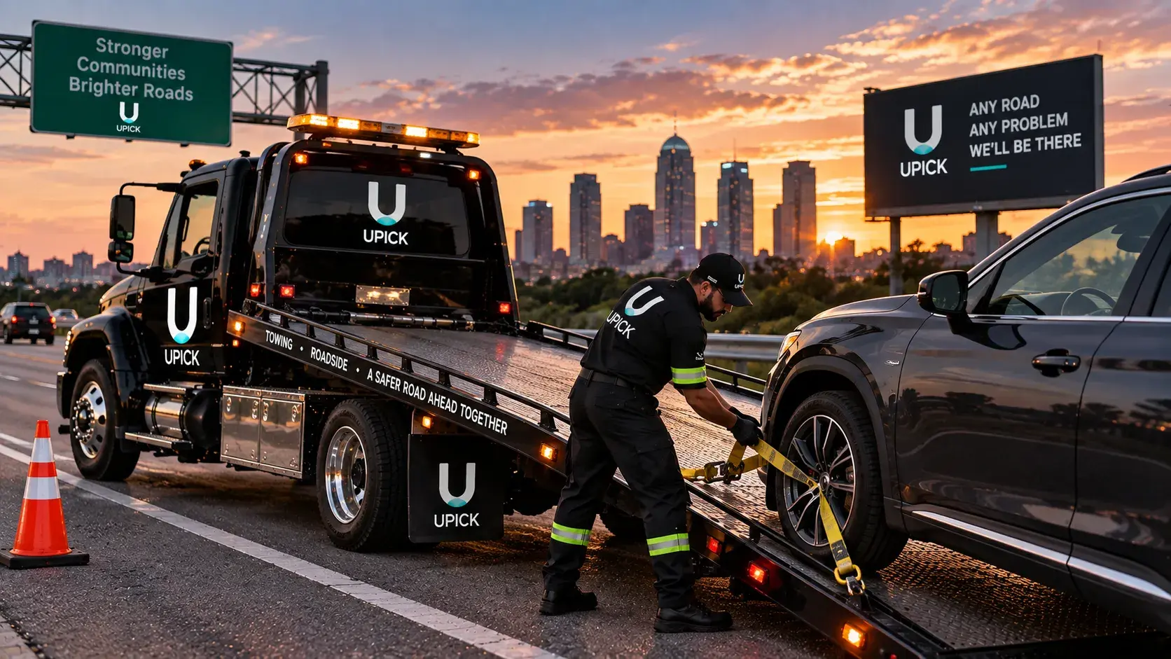 UPICK towing operator securing a vehicle to a flatbed